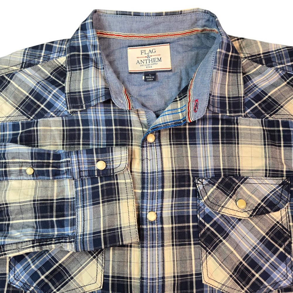 Flag & Anthem Men's Blue Plaid Pearl Snap Western Shirt Large Long Sleeve Cotton